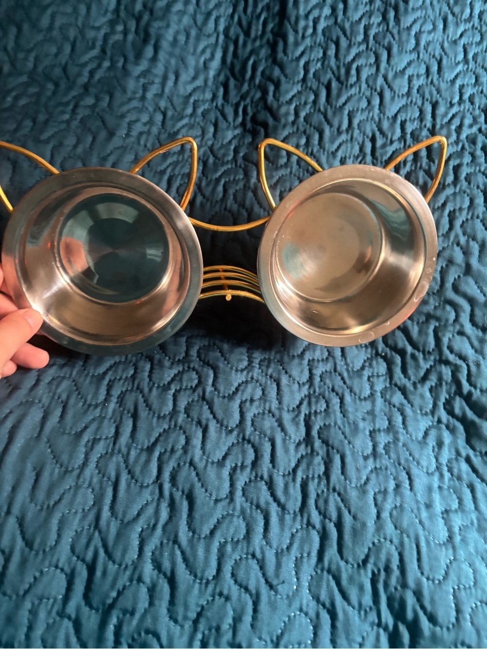 Cat Ear Double Bowl Stand - Gold Frame with Silver Bowls